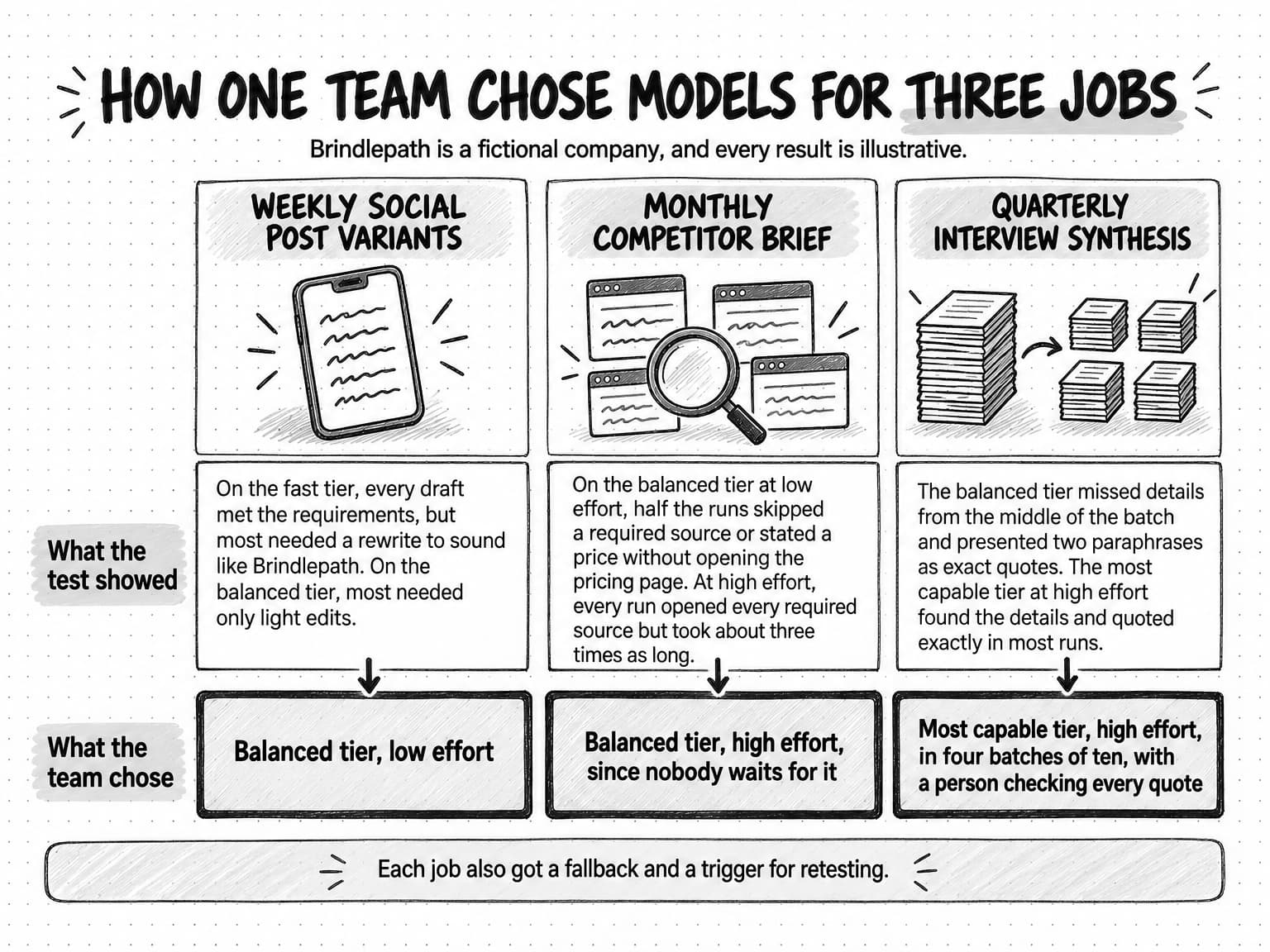 A worked example titled How one team chose models for three jobs, with the line Brindlepath is a fictional company, and every result is illustrative. Three columns each show what the test showed and, below an arrow, what the team chose. Weekly social post variants, drawn as a phone with a short post: on the fast tier, every draft met the requirements, but most needed a rewrite to sound like Brindlepath, while on the balanced tier most needed only light edits; the team chose the balanced tier, low effort. Monthly competitor brief, drawn as web pages under a magnifying glass: on the balanced tier at low effort, half the runs skipped a required source or stated a price without opening the pricing page, while at high effort every run opened every required source but took about three times as long; the team chose the balanced tier, high effort, since nobody waits for it. Quarterly interview synthesis, drawn as a tall stack of transcripts split into four smaller stacks: the balanced tier missed details from the middle of the batch and presented two paraphrases as exact quotes, while the most capable tier at high effort found the details and quoted exactly in most runs; the team chose the most capable tier, high effort, in four batches of ten, with a person checking every quote. A line at the bottom says each job also got a fallback and a trigger for retesting.