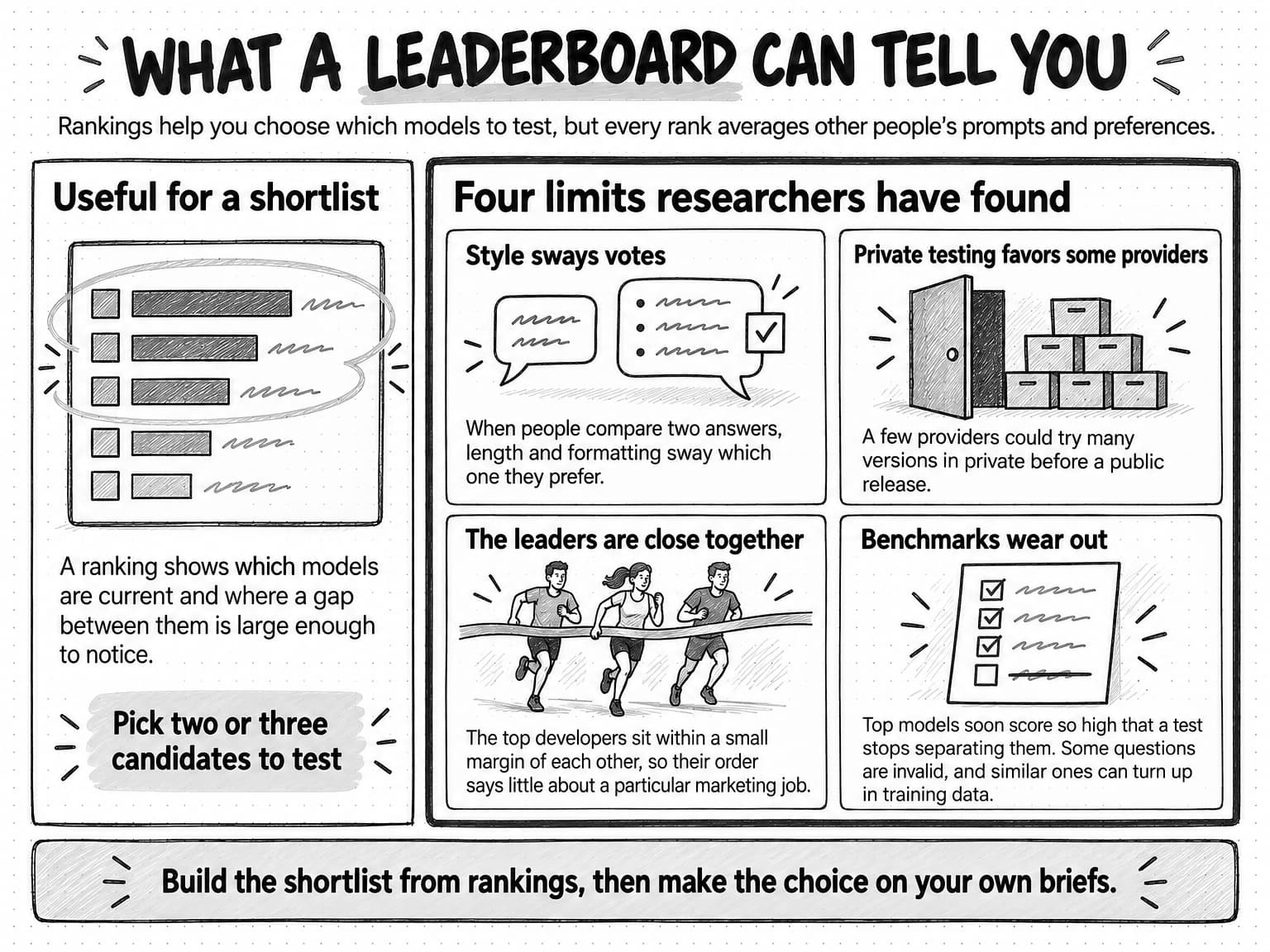 A diagram titled What a leaderboard can tell you, with the line Rankings help you choose which models to test, but every rank averages other people's prompts and preferences. A left panel, Useful for a shortlist, shows a leaderboard card with five bars of decreasing length, the top three circled, and says a ranking shows which models are current and where a gap between them is large enough to notice; its tag reads Pick two or three candidates to test. A heavier right panel, Four limits researchers have found, holds four cards. Style sways votes, beside a short and a long speech bubble with a tick by the long one: when people compare two answers, length and formatting sway which one they prefer. Private testing favors some providers, beside a door with boxes stacked behind it: a few providers could try many versions in private before a public release. The leaders are close together, beside three runners crossing a finish line almost together: the top developers sit within a small margin of each other, so their order says little about a particular marketing job. Benchmarks wear out, beside a test sheet with three ticked answers and one question struck out: top models soon score so high that a test stops separating them, some questions are invalid, and similar ones can turn up in training data. A band at the bottom says build the shortlist from rankings, then make the choice on your own briefs.