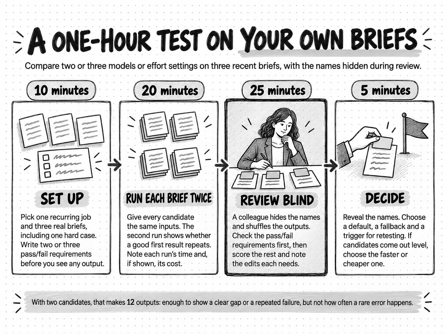 A timeline titled A one-hour test on your own briefs, with the line Compare two or three models or effort settings on three recent briefs, with the names hidden during review. Four blocks run left to right, joined by arrows. 10 minutes, Set up, beside three brief cards and a checklist: pick one recurring job and three real briefs, including one hard case, and write two or three pass/fail requirements before you see any output. 20 minutes, Run each brief twice, beside paired stacks of pages: give every candidate the same inputs, since the second run shows whether a good first result repeats, and note each run's time and, if shown, its cost. 25 minutes, Review blind, drawn with a heavier border, beside a reviewer with a pen over three outputs whose name tags are covered: a colleague hides the names and shuffles the outputs, then the reviewer checks the pass/fail requirements first, scores the rest and notes the edits each needs. 5 minutes, Decide, beside a hand lifting the cover off one output next to a flag: reveal the names, choose a default, a fallback and a trigger for retesting, and if candidates come out level, choose the faster or cheaper one. A note at the bottom says with two candidates, that makes 12 outputs: enough to show a clear gap or a repeated failure, but not how often a rare error happens.