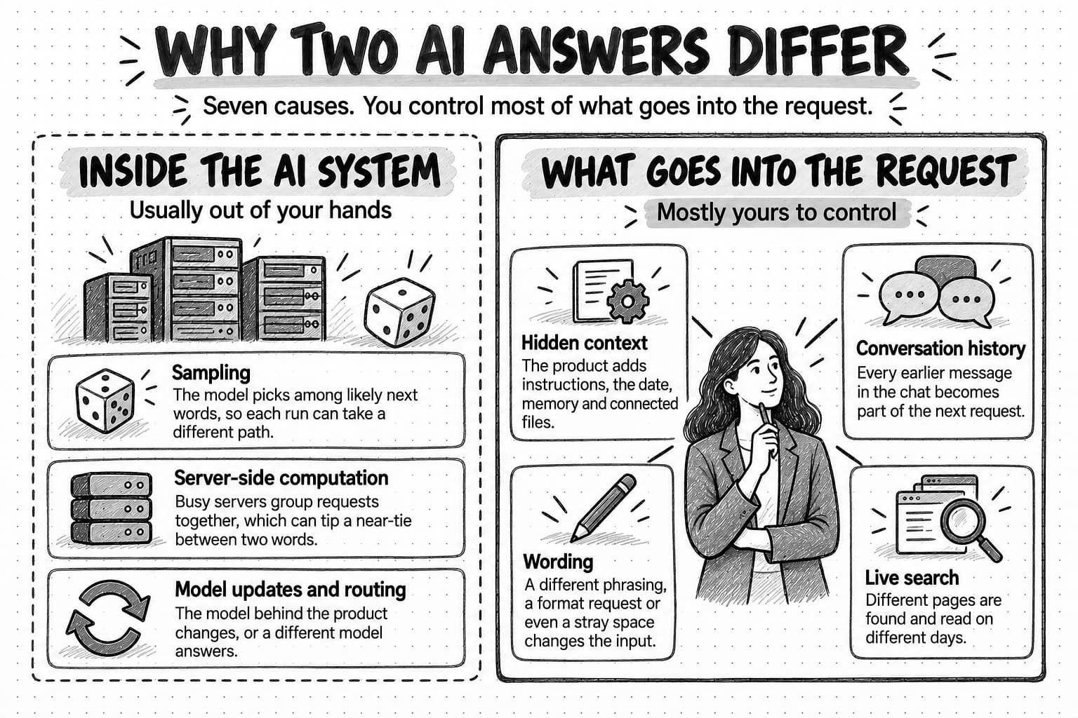 Hand-drawn diagram titled Why two AI answers differ, with the line Seven causes. You control most of what goes into the request. A dashed panel headed Inside the AI system, usually out of your hands, holds three cards: Sampling, the model picks among likely next words, so each run can take a different path; Server-side computation, busy servers group requests together, which can tip a near-tie between two words; and Model updates and routing, the model behind the product changes, or a different model answers. A solid panel headed What goes into the request, mostly yours to control, surrounds a sketched marketer with four cards: Hidden context, the product adds instructions, the date, memory and connected files; Conversation history, every earlier message in the chat becomes part of the next request; Wording, a different phrasing, a format request or even a stray space changes the input; and Live search, different pages are found and read on different days.