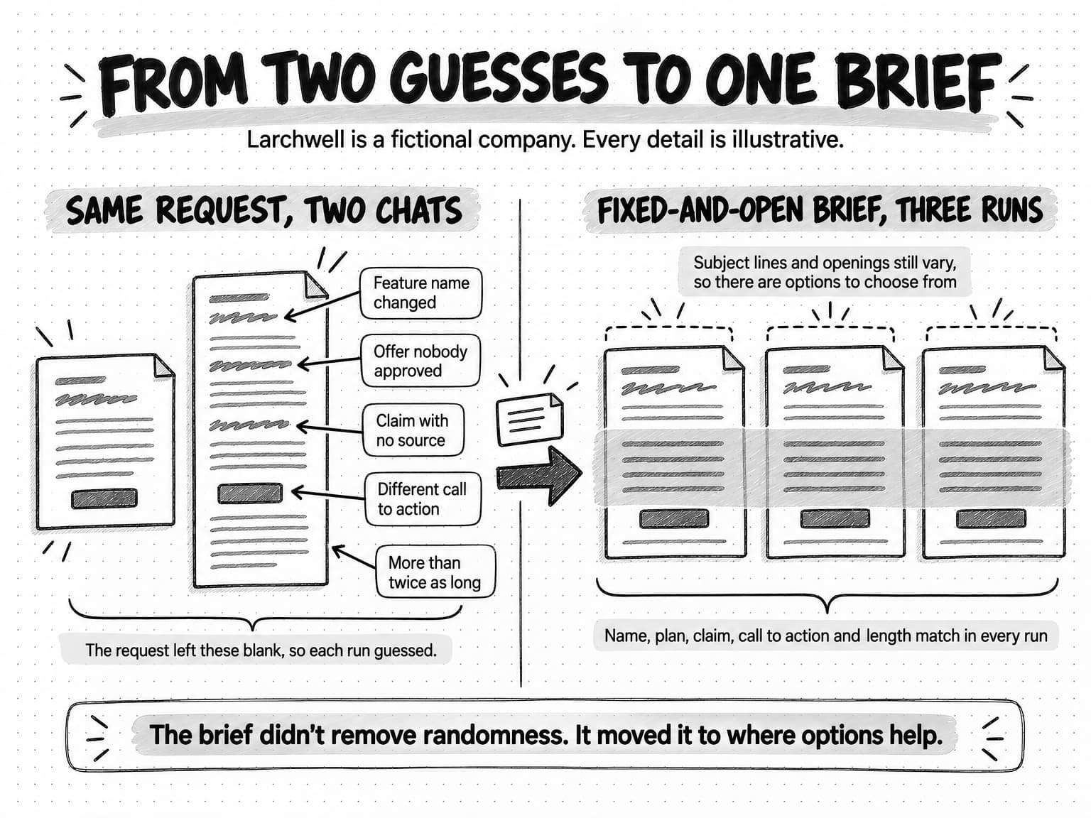 Hand-drawn diagram titled From two guesses to one brief, with the line Larchwell is a fictional company. Every detail is illustrative. On the left, headed Same request, two chats, a short draft sits beside a second draft about twice as long, with callouts reading Feature name changed, Offer nobody approved, Claim with no source, Different call to action, and More than twice as long, and a note: The request left these blank, so each run guessed. An arrow with a small brief card leads right to Fixed-and-open brief, three runs: three drafts share one grey band labeled Name, plan, claim, call to action and length match in every run, while a label above says Subject lines and openings still vary, so there are options to choose from. The takeaway reads The brief didn't remove randomness. It moved it to where options help.