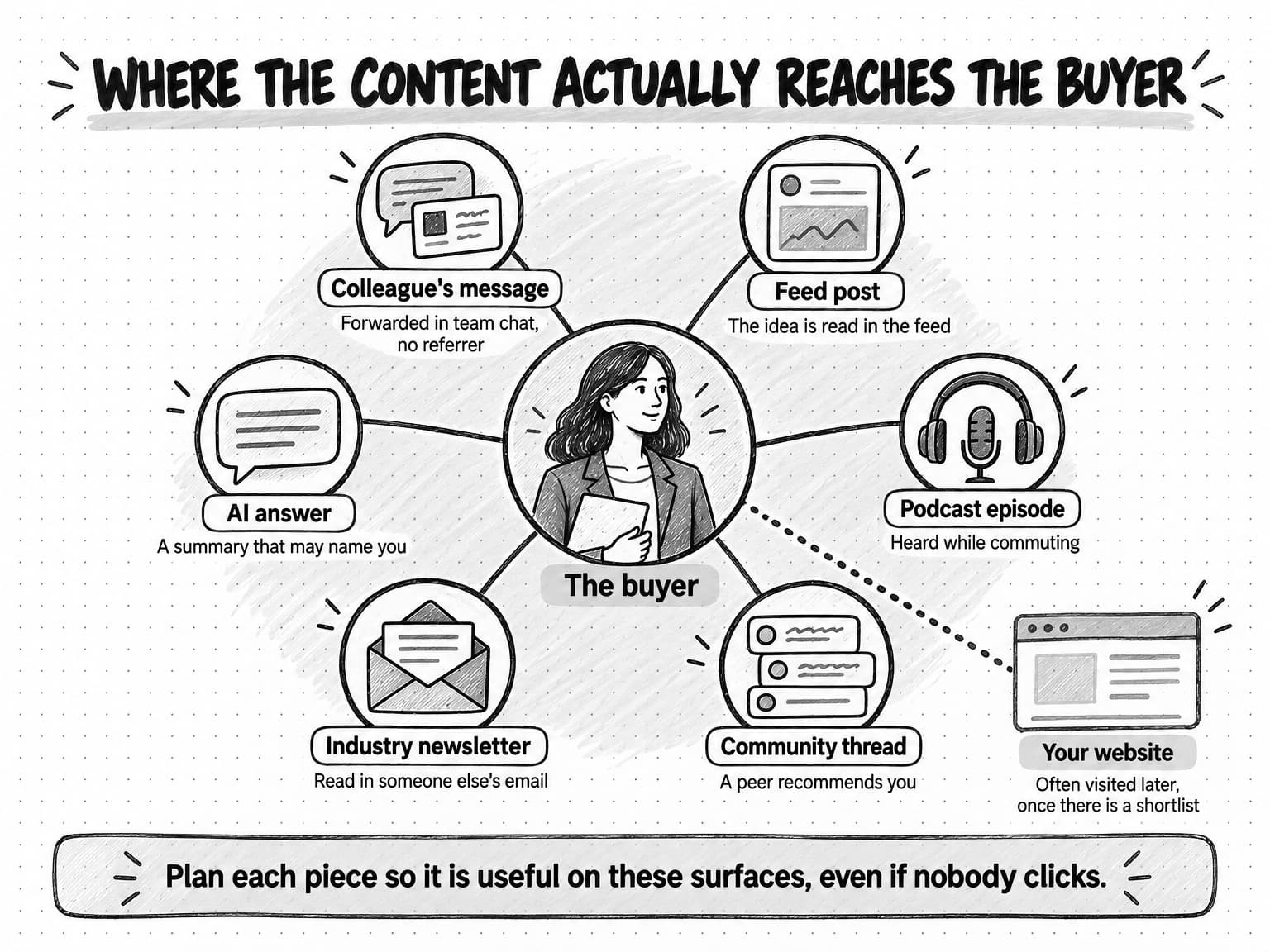 A sketched diagram titled Where the content actually reaches the buyer. A buyer sits at the center of six surfaces joined to her by lines, each with a note: Colleague's message, forwarded in team chat, no referrer; Feed post, the idea is read in the feed; Podcast episode, heard while commuting; Community thread, a peer recommends you; Industry newsletter, read in someone else's email; and AI answer, a summary that may name you. Outside the ring, joined only by a dotted line, is Your website, often visited later, once there is a shortlist. A banner along the bottom reads Plan each piece so it is useful on these surfaces, even if nobody clicks.