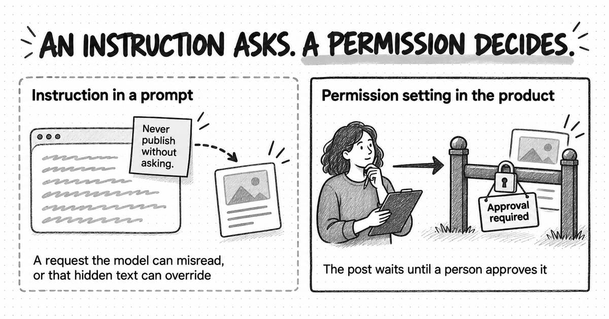 A sketched diagram titled An instruction asks. A permission decides. In the left panel, Instruction in a prompt, a sticky note reading Never publish without asking sits on a prompt box, yet a dashed arrow runs from the note to a post that has already gone out, with the note A request the model can misread, or that hidden text can override. In the right panel, Permission setting in the product, the same kind of post waits behind a locked gate tagged Approval required while a person with a clipboard and a pen stands beside it, with the note The post waits until a person approves it.