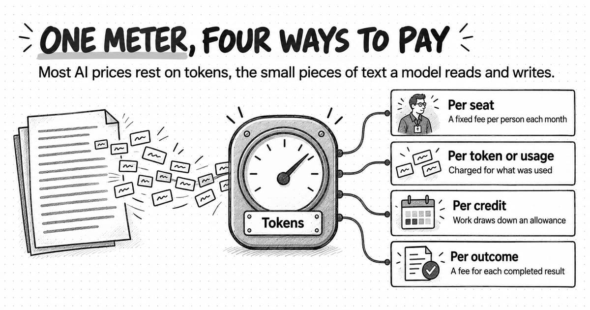A sketched diagram titled One meter, four ways to pay, with the line Most AI prices rest on tokens, the small pieces of text a model reads and writes. On the left, a page of text breaks into a stream of small tiles that flows into a meter with a needle dial and a plate labeled Tokens. Lines run from the meter to four cards: Per seat, A fixed fee per person each month, beside a person wearing an ID badge; Per token or usage, Charged for what was used, beside a few text tiles; Per credit, Work draws down an allowance, beside a calendar; and Per outcome, A fee for each completed result, beside a page with a check mark.