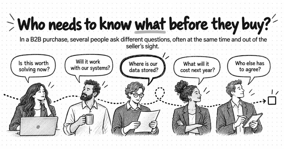 Five sketched people from one company, each asking a different question in a speech bubble, such as whether the problem is worth solving now and where their data is stored. A dotted path behind them loops back once before reaching an empty checkbox. The heading asks who needs to know what before they buy.