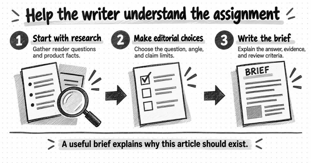 Gather reader questions and product facts, choose the article's question and angle, then explain the answer, evidence, and review criteria in the brief.