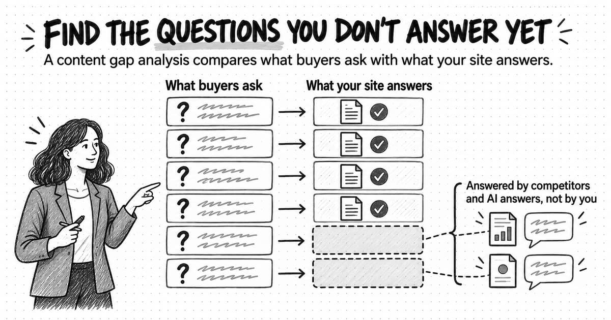 A sketched diagram titled Find the questions you don't answer yet, with the line A content gap analysis compares what buyers ask with what your site answers. A column of six question cards labeled What buyers ask points across to a column labeled What your site answers: four slots hold a page with a check mark, and two are empty dashed outlines. Dashed lines run from the two empty slots to a competitor page and an AI answer bubble, bracketed with the note Answered by competitors and AI answers, not by you. A marketer at the left points at the empty slots.