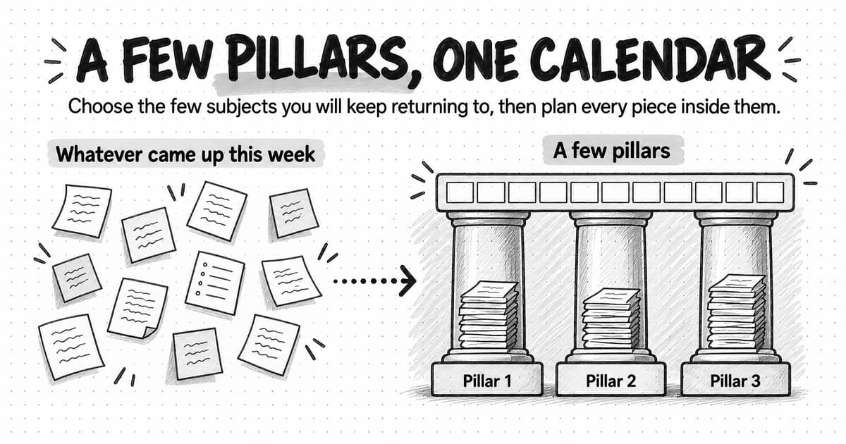 A sketch titled A few pillars, one calendar, with the line Choose the few subjects you will keep returning to, then plan every piece inside them. On the left, under Whatever came up this week, a loose scatter of single pages and notes. A dotted arrow leads right to three columns under the label A few pillars, marked Pillar 1, Pillar 2 and Pillar 3, each holding a growing stack of pages, with a calendar row of empty squares resting across their tops.