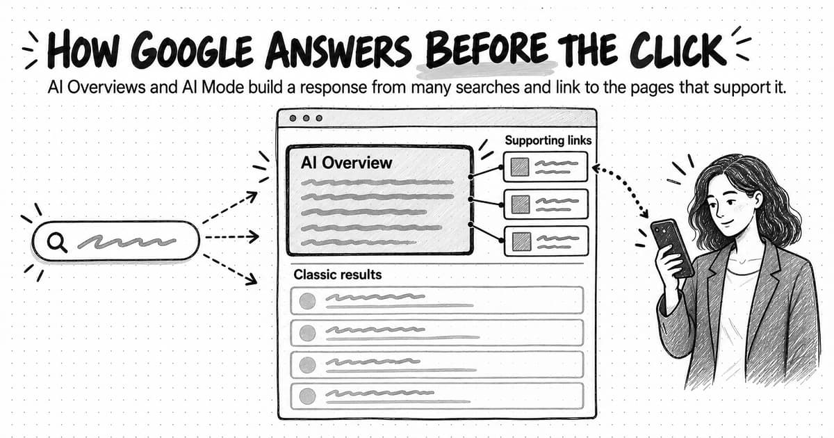 A search fans out into several searches that feed a results page topped by an AI Overview with supporting links, above classic results, while a reader reads the summary on a phone.