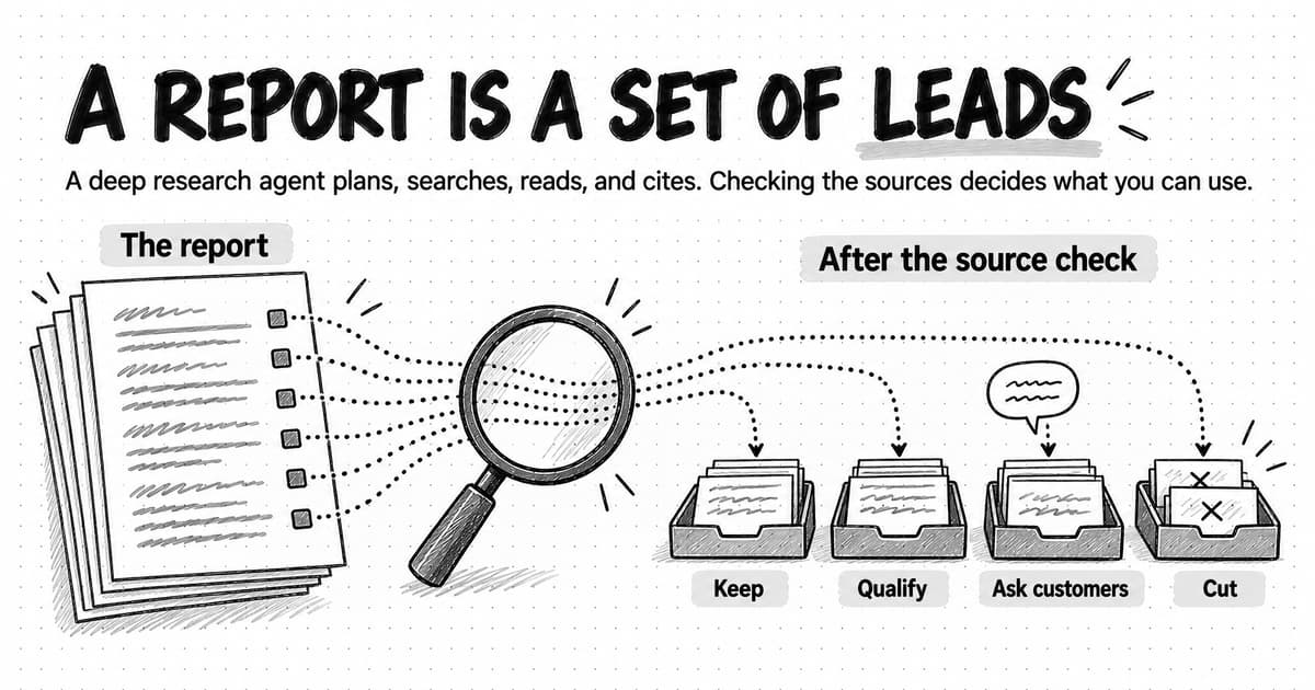 A stack of report pages whose citation markers run through a magnifying glass into four trays labelled Keep, Qualify, Ask customers and Cut, under the title A report is a set of leads, showing that checking the sources decides what you can use.