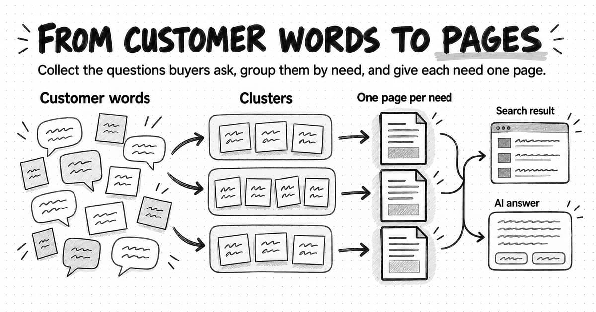 A sketched diagram titled From customer words to pages, with the line Collect the questions buyers ask, group them by need, and give each need one page. On the left, under Customer words, a loose scatter of speech bubbles and sticky notes. Arrows gather them into three rounded boxes of cards under Clusters. Each cluster points to a single page sheet under One page per need, and the three pages feed two panels labeled Search result and AI answer.