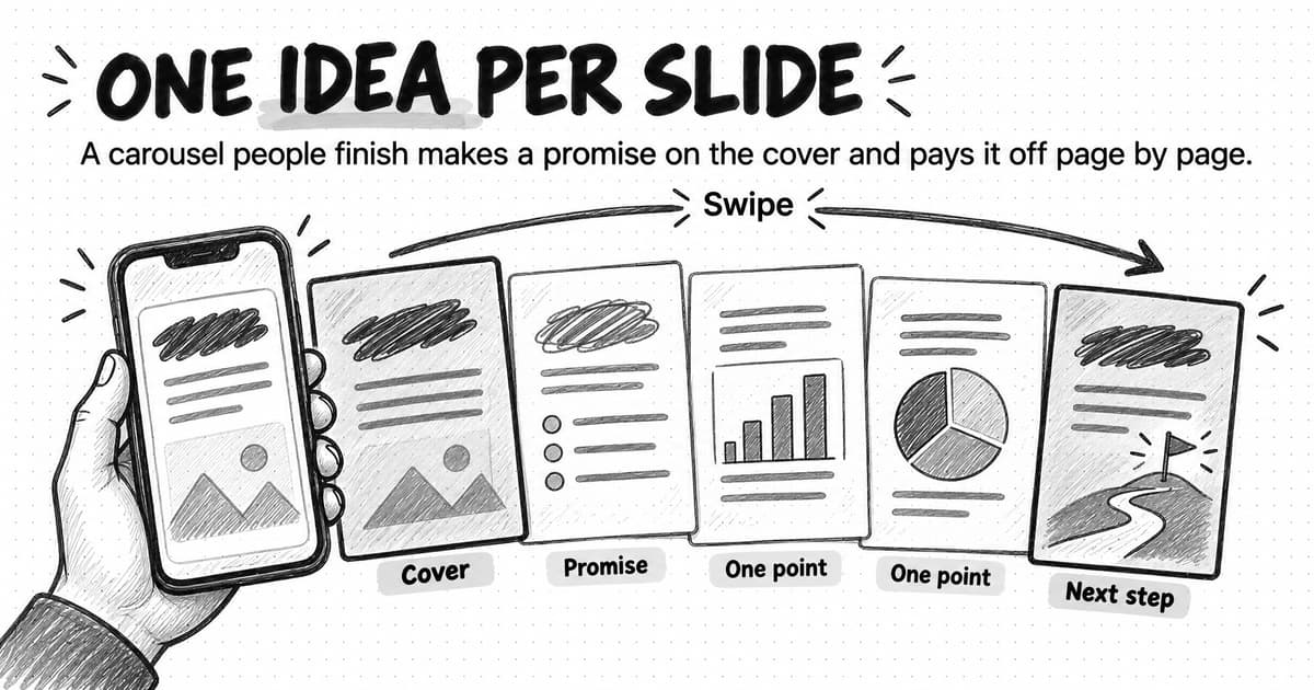 A pencil sketch titled One idea per slide, subtitled A carousel people finish makes a promise on the cover and pays it off page by page. A hand holds a phone showing a slide, beside a row of five pages labeled Cover, Promise, One point, One point, and Next step, with a Swipe arrow running across them.