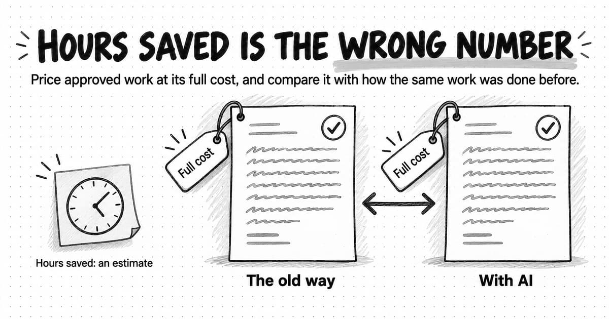 A sketch titled Hours saved is the wrong number, with the line Price approved work at its full cost, and compare it with how the same work was done before. At left, a small sticky note with a clock face is labeled Hours saved: an estimate. At right, two approved pages, each with a check mark and a tag reading Full cost, are labeled The old way and With AI, with a two-headed arrow between them.
