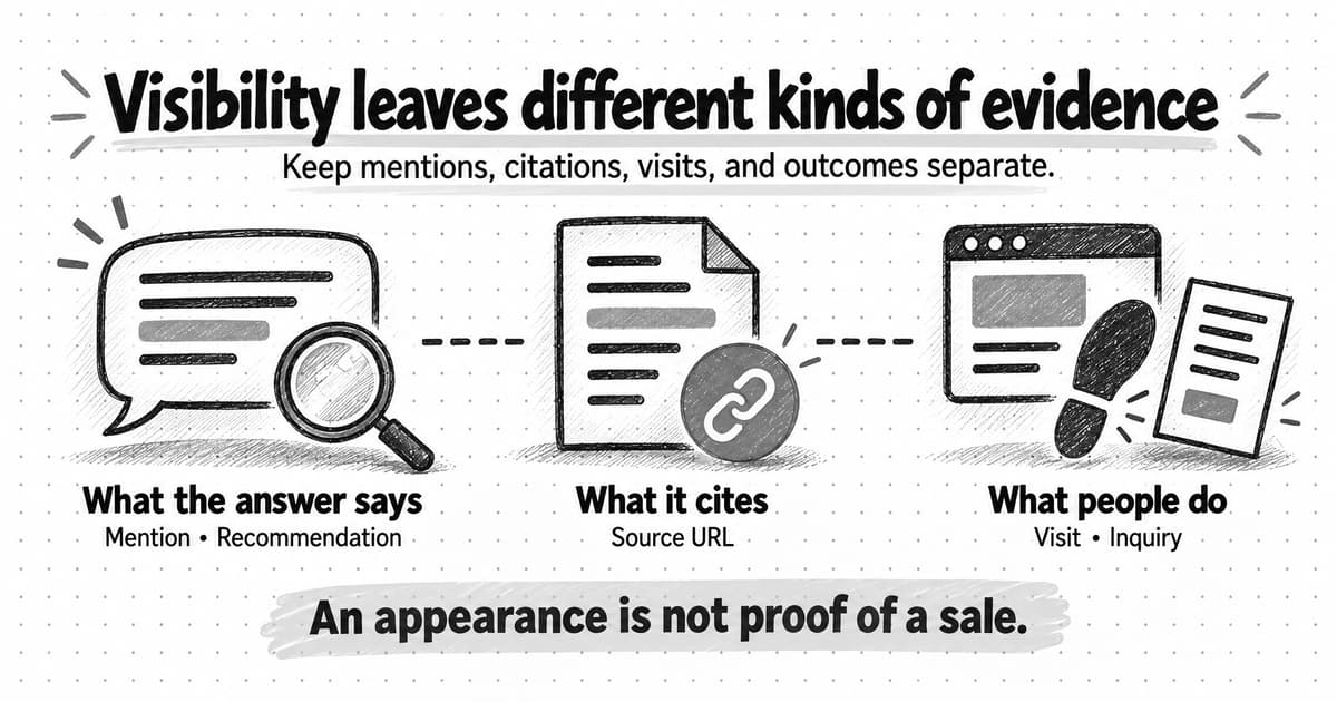 Answer text, cited sources, and website actions provide different evidence; an appearance alone does not prove a sale.