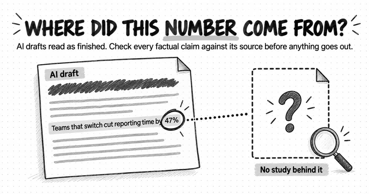 A sketched illustration titled Where did this number come from?, with the line: AI drafts read as finished. Check every factual claim against its source before anything goes out. On the left, a draft page tagged AI draft holds scribbled lines and one highlighted sentence, Teams that switch cut reporting time by 47%, with the 47% circled in heavy black. A dotted line runs from the circle to an empty source page on the right, drawn in dashed outline with only a large question mark inside, a magnifying glass at its corner, and the label No study behind it.