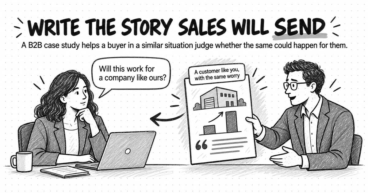 A sketch titled Write the story sales will send, with the line A B2B case study helps a buyer in a similar situation judge whether the same could happen for them. A buyer at a laptop asks, Will this work for a company like ours? Across the desk, a seller holds out a single case-study page tagged A customer like you, with the same worry, showing a warehouse, a before-and-after bar pair, and a quotation mark.