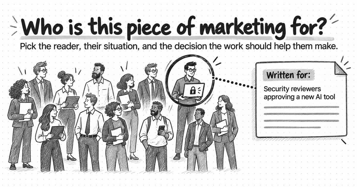 A crowd of business professionals with one security reviewer circled, beside an article card labeled as written for security reviewers approving a new AI tool.