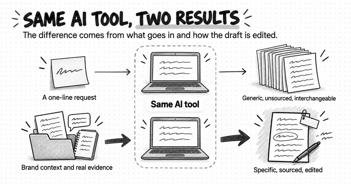 A sketch titled Same AI tool, two results, with the line: The difference comes from what goes in and how the draft is edited. Two lanes run from left to right through two identical laptops inside a dashed box labeled Same AI tool. In the top lane, a sticky note with a single scribble, labeled A one-line request, feeds the first laptop, which produces a fanned stack of near-identical pages labeled Generic, unsourced, interchangeable. In the bottom lane, a folder of documents with a speech bubble and a notebook, labeled Brand context and real evidence, feeds the second laptop through heavier arrows, which produce a single page with a circled line, a clipped tag, and a pen, labeled Specific, sourced, edited.