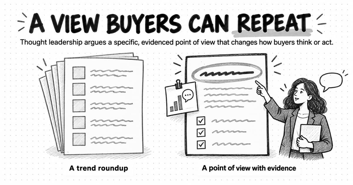Sketch titled A view buyers can repeat, with the line: Thought leadership argues a specific, evidenced point of view that changes how buyers think or act. On the left, a stack of near-identical pages of five boxes labeled A trend roundup; on the right, one page with a circled line, a clipped evidence card and a checklist, labeled A point of view with evidence, as a reader points at the circled line.
