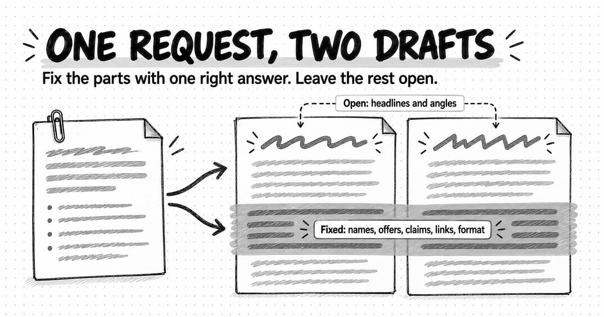 Hand-drawn sketch titled One request, two drafts, with the line Fix the parts with one right answer. Leave the rest open. A single brief card splits by two arrows into two email drafts. Their headlines are drawn as different scribbles, labeled Open: headlines and angles, while one grey band runs across identical lines in both drafts, labeled Fixed: names, offers, claims, links, format.