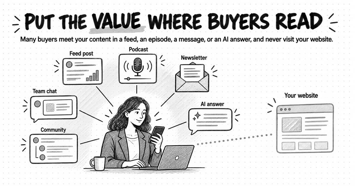 A sketched scene titled Put the value where buyers read, with the line Many buyers meet your content in a feed, an episode, a message, or an AI answer, and never visit your website. A buyer at a desk reads her phone, joined by lines to six surfaces around her, labeled Feed post, Podcast, Newsletter, Team chat, Community, and AI answer. Far to the right, joined only by a faint dotted line, is a small browser window labeled Your website.