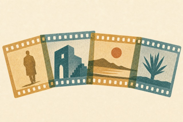 Editorial Risograph illustration of a strip of overlapping film frames