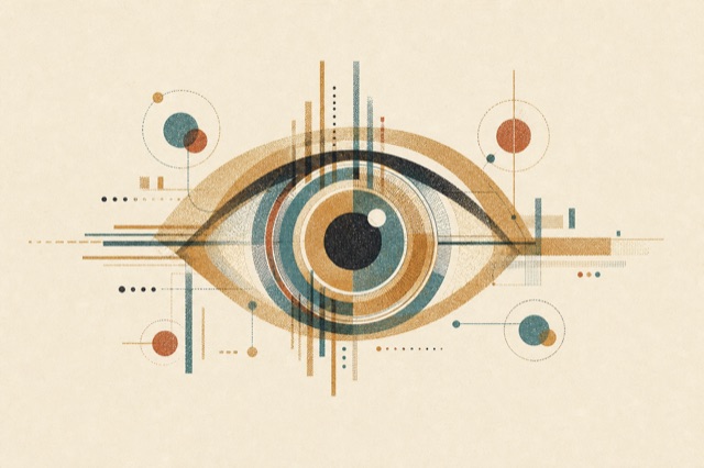 Editorial Risograph illustration of an analytical eye composed of nested data rings