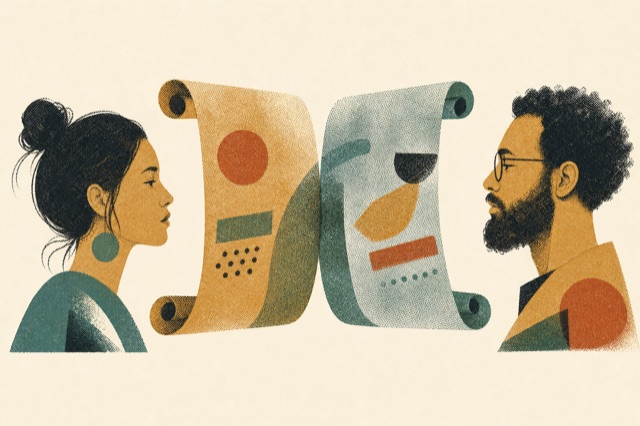 Editorial Risograph illustration of two figures in conversation, representing creator-style UGC video